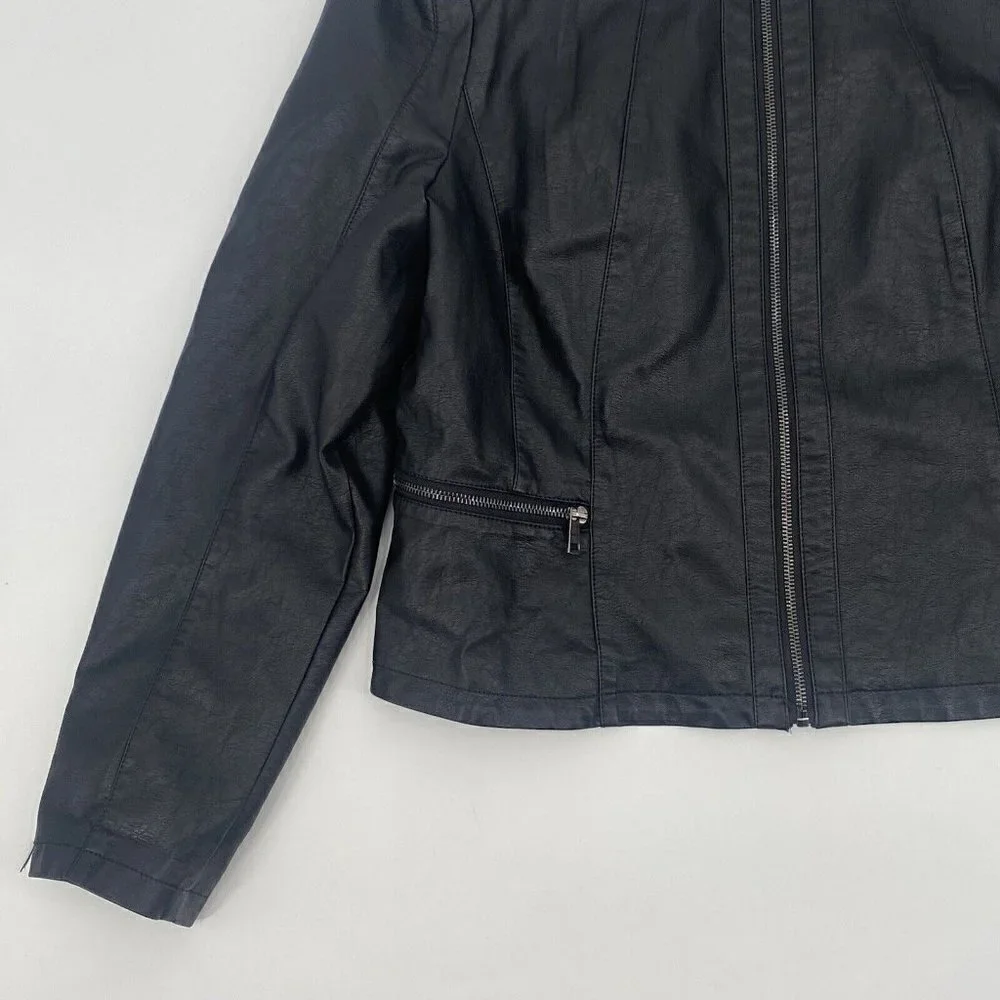 Black Vegan Faux Leather Zip Up Moto Jacket Grunge Little Gem Women's Size Large